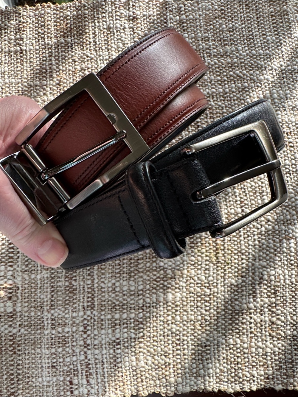 Men's 32”leather belts. Brown shown is reversible.